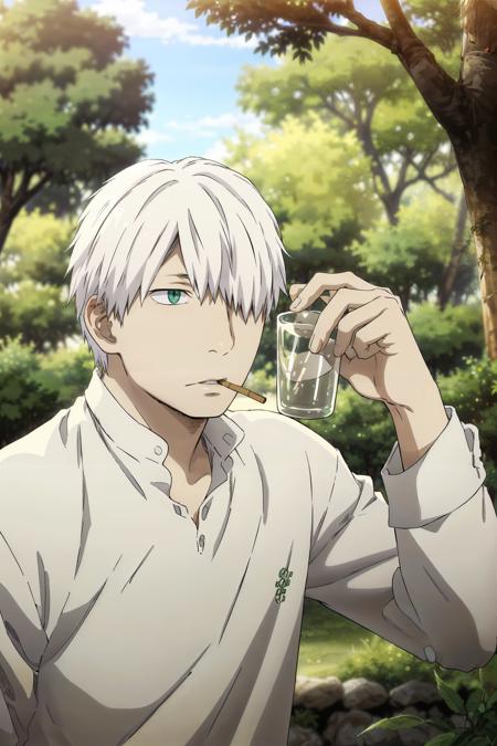 (masterpiece, top quality, best quality, official art, detailed:1.2),<lora:ginko-21:0.7>, ginko_soul3142, solo, short hair, shirt, long sleeves, 1boy, holding, green eyes, white shirt, upper body, white hair, male focus, hair over one eye, tree, cup, alcohol, cigarette, anime coloring