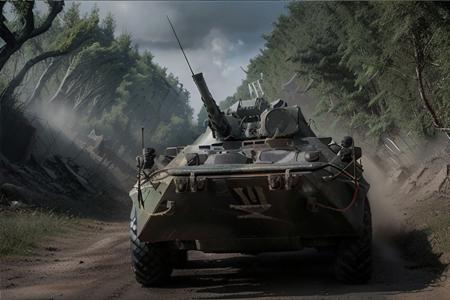 black eight wheeler (BTR-80, <lora:btr80:1>), racing down the forest,  shooting, outrun, explosions in the background, day time, High Detail, Sharp focus, ((photorealism)), realistic, best quality, 8k, epic, cinematic, masterpiece, side view, ambient fog:1.5,