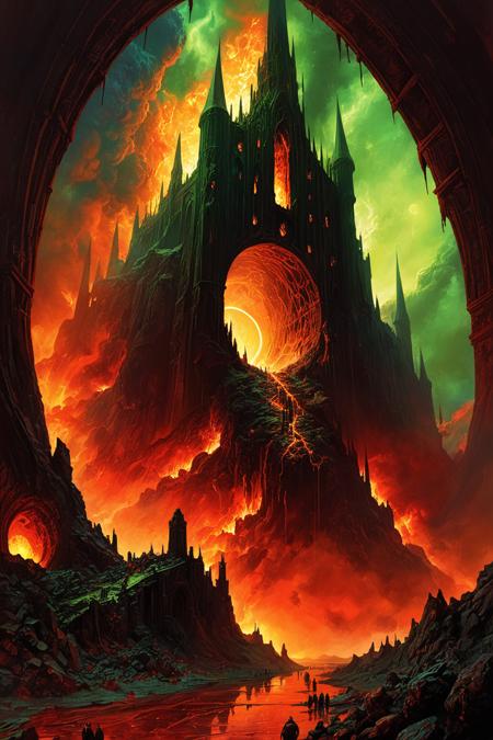 best quality, masterpiece, absurdes, a painting of a hellgate London in the of a green and red sky, giant gate, if the earth opens up under them and swallows them all up and they descend alive into the world of the dead, concept art, gothic art, science fiction, (acid bleeding deep colors:1.4), neon colors, leaking, evil energy, no gradients, multidimensionality, complexity, black hole, decay, melting, inspired by Marc Simonetti, krenzcushart, John Berkey, kohei horikoshi, alan lee, mysterious, eerie atmosphere, dark fantasy art, scary color art, Grisaille, wallpaper, devouring a planet, sky on fire, dying world, dystopian, hellscape, dark atmosphere illustration, uhd 4 k, fractal landscape, death metal album cover, (no humans:1.3), painted in high resolution, colorful, primary colors, (close-up:1.5), forced perspective, vanishing point, epic scale, deeply disturbing,
,
,
<lora:ptm0:0.4> ptm0 <lora:John Harris Style:0.35> John Harris Style page <lora:tbh160-sdxl:0.35> style of Dan Mumford,
<lora:marcXL:0.4>