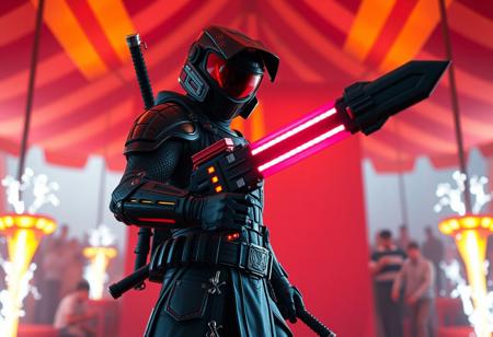 expert Intricate Dynamic action pose, Elemental HERO Liquid Soldier, holding Electro Blaster & Sword soul, black armor, mysterious helmet visor, standing confidently amidst vibrant red & orange striped circus tent, Trickstar Festival background, blurred spectator crowd, captivating lighting, intense focus, 4K, cinematic, trending on ArtstationHQ, CGSociety, Octane Render, Unreal Engine 5, Splash Ink Illustration, Impeccable Composition, Dynamic Action Pose, Harmonious Colors, Matte Painting, Creative Angle, Golden Ratio.