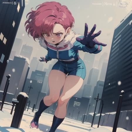 <lora:BluetheboneArtist-13:1.2>  ,  bluetheboneaistyle, 1980s \(style\), flat colors,
pink hair, 1girl,snow,city,playing,