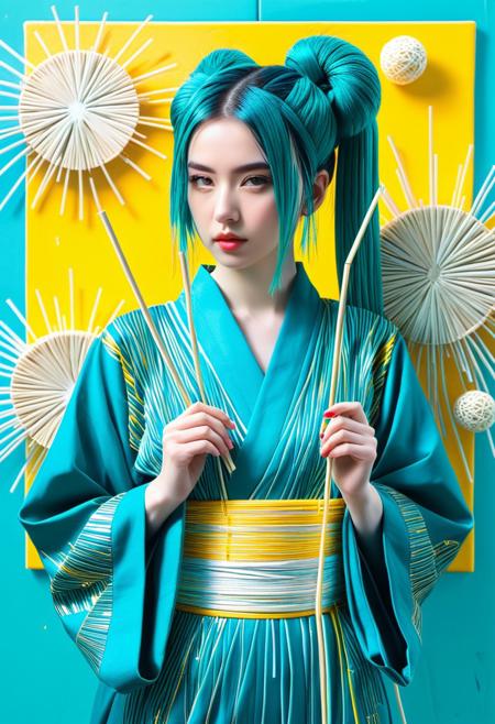 Straw thread
,score_9, score_8_up, score_7_up,1girl, solo,  painting of a cyberpunk woman wearing a Straw thread futuristic kimono in front of stylized Straw thread sun, Straw thread cybernetic implants, paint splashes, outrun, teal and yellow background