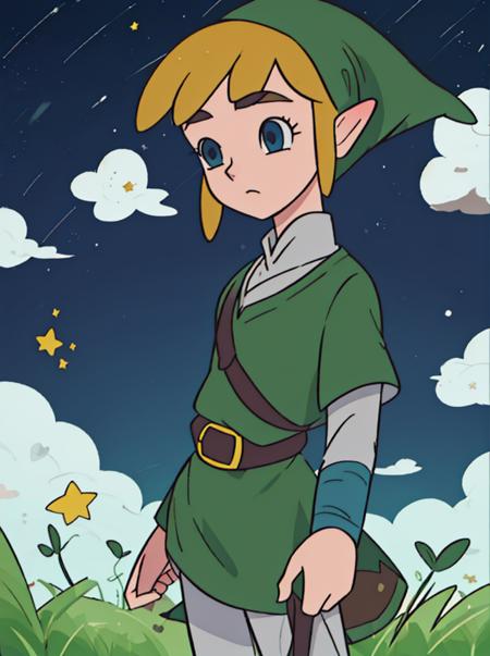 <lora:KaibastyleV1:1> kaibastyle, kaibacharacter, kaibabg   <lora:link_v1:1> link, the legend of zelda, tunic, hat, grass, clouds, stars, (masterpiece:1.5, best quality), 8k wallpaper, highres, high resolution,HDR.UHD,Highly detailed, extreme detail