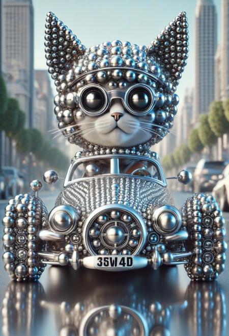 (made of Chrome Ball bearings:1.3), cute small classic sports car, cat driving on, wear round goggles, wear animal ears helmet, from side, run through on city Chrome Ball bearings road, cinematic, cinematic lighting, (masterpiece, best quality:1.4), ultra-high res, 4k, Photorealistic, insanely detailed, sfw,