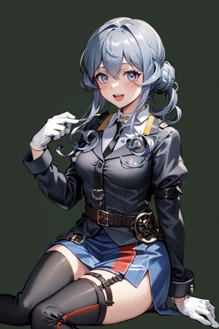 <lora:gotland:1>,gotland (kancolle), 1girl, solo, blue hair, thighhighs, single hair bun, mole under eye, hair bun, gloves, mole, military uniform, military, blue eyes, uniform, skirt, blue thighhighs, sitting, blue skirt, long hair, white gloves, white background, long sleeves, hair between eyes, looking at viewer, simple background, necktie, open mouth, shirt, half gloves, smile, black necktie, blue sailor collar, blush, thigh strap, breasts, collared shirt, sailor collar