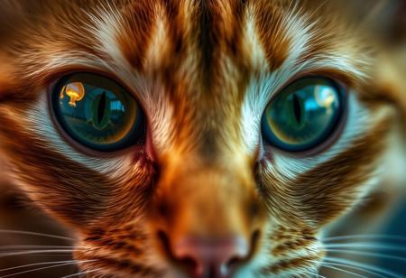 closeup of a ginger cat eyes, nuclear mushroom cloud explosion reflection, shallow depth of field, f/1.4, focus blur