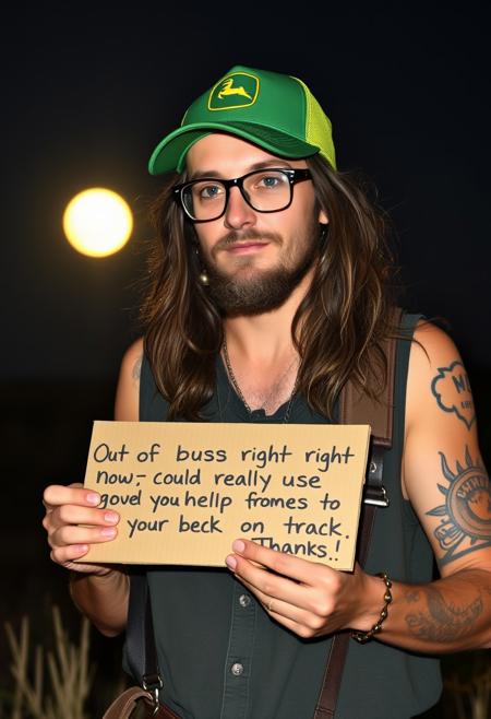 a vagabond farmer, intoxicated, drunk. glasses john lennon style, long hairs, tattoo. green "john deere" trucker cap. holding a cardboard with written "Out of buzz right now—could really use your help to get back on track. Thanks!" dark halley light only from the full moon in bk
