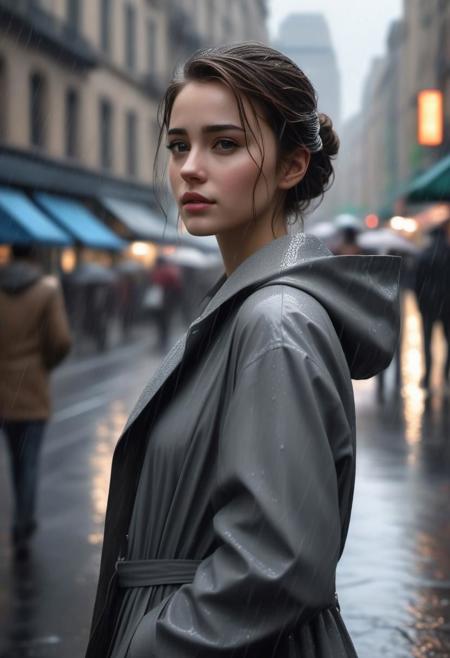 4k, high quality, high-res, professional portrait, A solitary beautiful girl stands alone among crowded street, bareheaded, embracing the rain as it weaves its way through the bustling cityscape, raindrops sketch delicate patterns on her clothes and her skin, city transform beneath the soft, gray veil of rain, slender figure, medium breast, off shoulders shirt, cleavage , shorts, wet clothes:0.5, wet skin:0.5,
perfect detailed face, perfect detailed black eyes, ultra detailed body, ultra detailed hands, long yellow hair