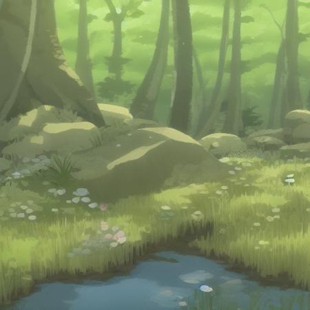 SimplyPaint, painterly, textured edges, trees, forest, grass, cartoon, anime, flowers, rocks, water, watercolor