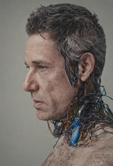 Side view portait of a man half human and mecanical,  cables like veins, multicolor,
Wide range of colors., Dramatic,Dynamic,Cinematic,Sharp details
Insane quality. Insane resolution. Insane details. Masterpiece. 32k resolution.