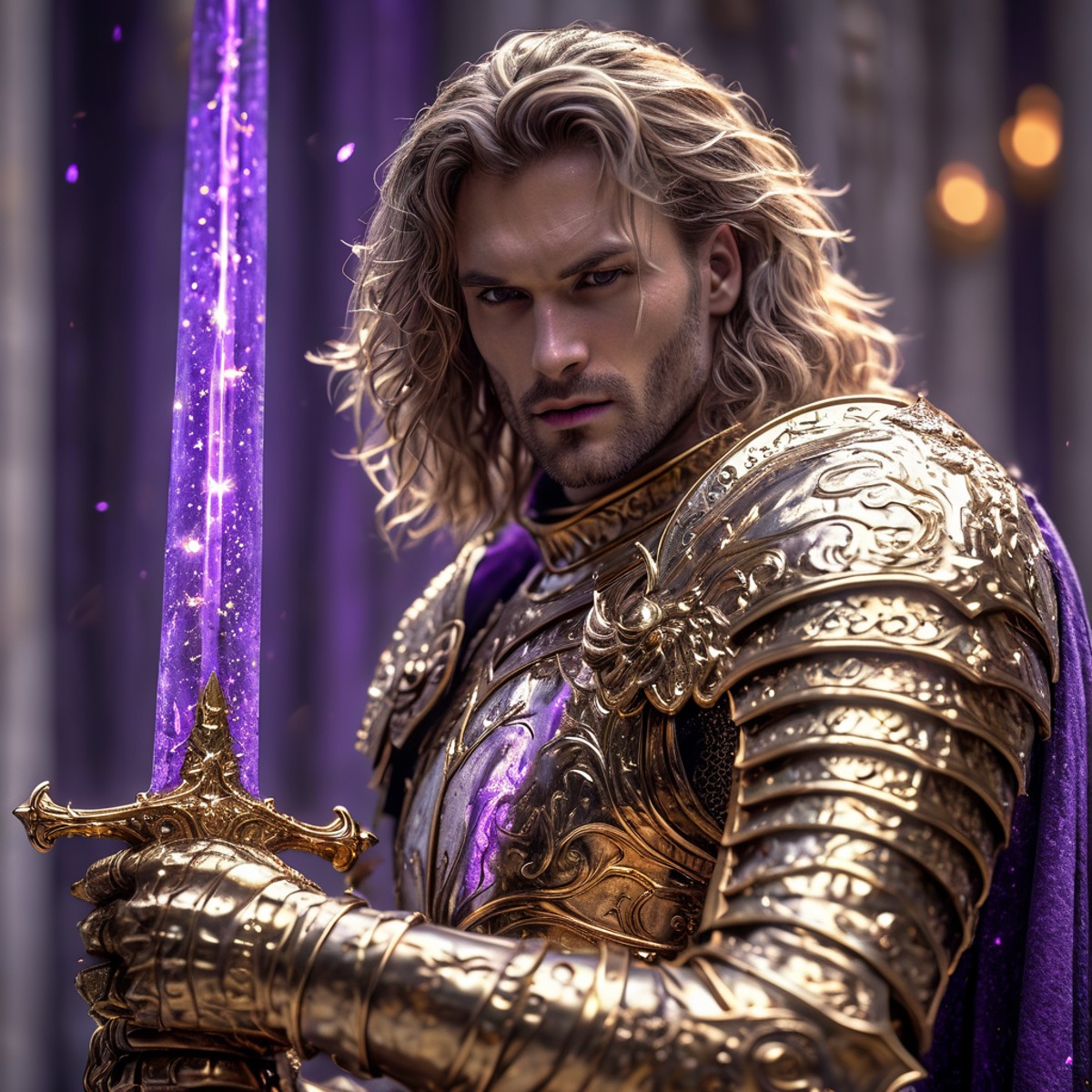 Close up shot of beautiful knight, wearing gold armor, beautiful hair, standing up, holding purple glowing sword, heaven i...