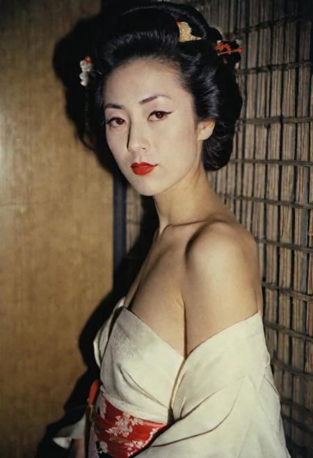 1950 (style) 35 year old japanese geisha girl, half body portrait, topless, flashing tits, big breast, nsfw, 1950 kimono and hairstyle, geisha makeup, tokyo brothel a night, dark mood, kodak portra 160 analog film, medium format camera,artsy, shadows, wide angle, contact test, damaged print, faded, grainy,blurry, pixelated, motion blur, vignette, high contrast,<lora:add-detail-xl:-1>, red
