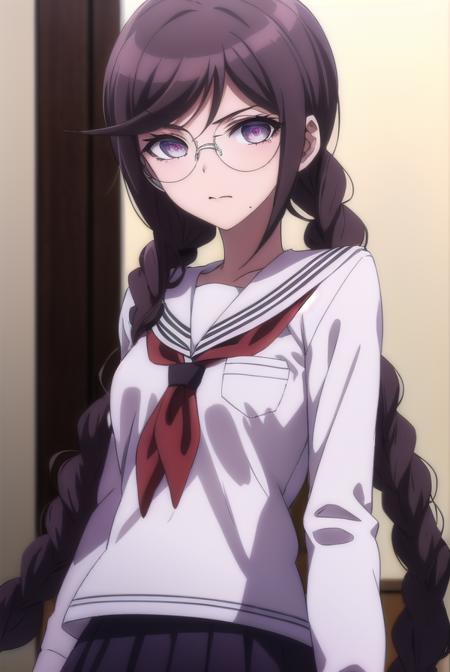 toukofukawa, <lora:touko fukawa s1-lora-nochekaiser:1>,
touko fukawa, long hair, bangs, brown hair, braid, glasses, mole, twin braids, mole under mouth, round eyewear, (brown eyes:1.3),
BREAK skirt, shirt, long sleeves, school uniform, serafuku, sailor collar, neckerchief, black shirt, red neckerchief,
BREAK indoors, classroom,
BREAK looking at viewer, (cowboy shot:1.5),
BREAK <lyco:GoodHands-beta2:1>, (masterpiece:1.2), best quality, high resolution, unity 8k wallpaper, (illustration:0.8), (beautiful detailed eyes:1.6), extremely detailed face, perfect lighting, extremely detailed CG, (perfect hands, perfect anatomy),