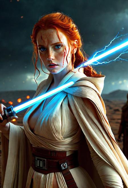 A beautiful Jedi Knight with wavy red hair stands defiantly amidst a raging storm on a desolate battlefield. Her white Jedi robe are intricately detailed and reflect the flickering light of distant fires, Star Wars style, The light of battle illuminates her determined expression as she prepares to face the dark enemy, (holding the blue Lightsaber in his hand: 1.5), Close up. Star Wars art style, Standing on a battlefield at the head of an army of Jedi Knights, where a bloody slaughter is taking place, (standing in battle pose: 1.3), cinematic lightning, intricately detailed white and brown Jedi robe, The scene is reminiscent of a Greg Rutkowski concept art piece, realstic blue eyes, realistic pale face covered in blood, with dramatic lighting and a dark, curvy, looking at viewer, gritty atmosphere, Ultra-detailed, Raytracing reflections, High contrast, beautiful Jedi Knight, beautiful firm body, girl athletic figure, (very pale freckled face: 1.3), oranges, and greens, attractive 21 years old woman, cinematic lightning, Cinematic film still, Medium shot. Best quality, Masterpiece, The scene is reminiscent of a Greg Rutkowski concept art piece, realistic pale freckled face covered in blood, with dramatic lighting and a dark, gritty atmosphere, asymmetrical balance