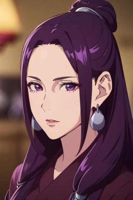 Purple long hair, bare forehead, purple eyes, earrings,mature women
