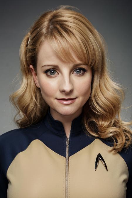 portrait of melissa rauch in a star trek uniform, taken on a hasselblad medium format camera <lora:meldette:1>