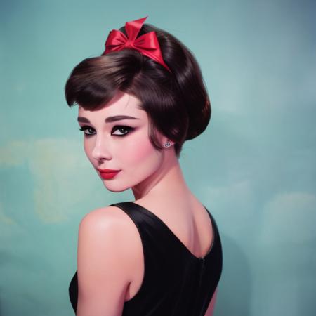 Audrey Hepburn in color, dark eyeliner, red bow in hair