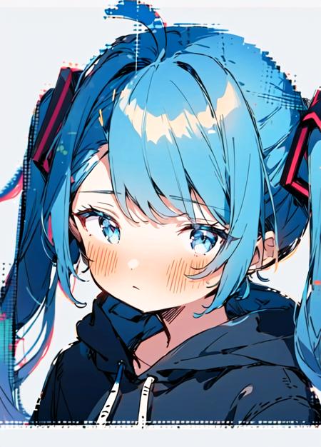 shouhui, 1girl, ahoge, blue eyes, blue hair, blush, closed mouth, dot nose, drawstring, expressionless, grey background, hood, hood down, hoodie, light blue hair, long hair, looking at viewer, simple background, solo, twintails, upper body, white background, white hoodie, hatsune miku, bangs, portrait, blue theme, blinds <lora:shouhui:0.7>