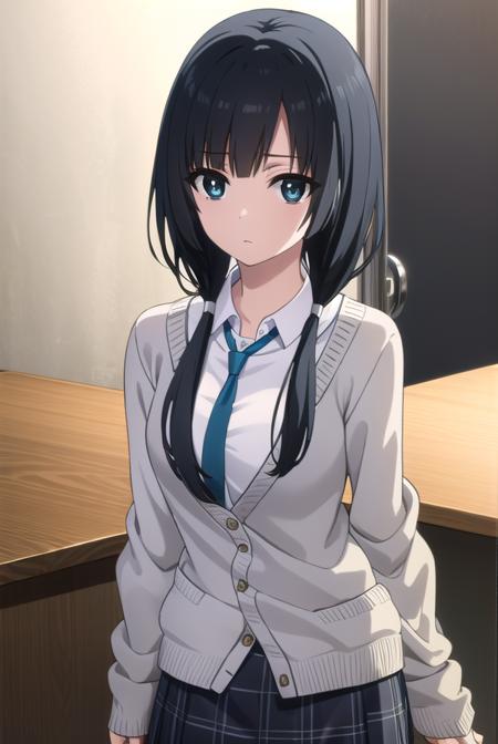 ema yasuhara, long hair, black hair, twintails, (black eyes:1.3), low twintails, skirt, school uniform, necktie, cardigan, shirt, grey shirt, black skirt, yellow cardigan,