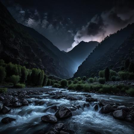 high-definition 8k photo in phst artstyle of a mountain river landscape during a dark pitch black night