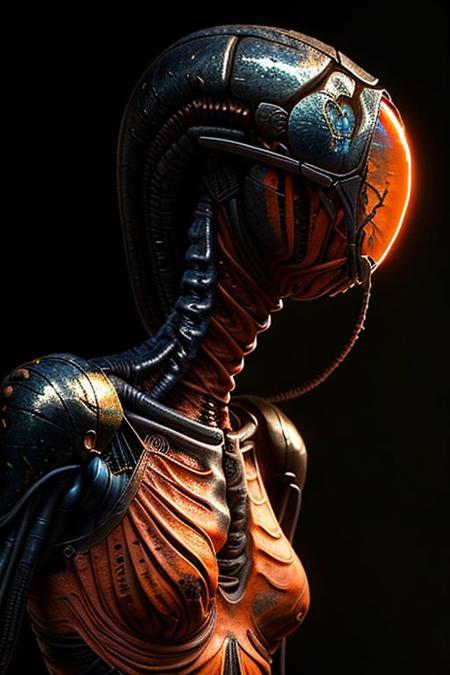 (waist-length portrait, a woman dark blue Caterpillar), posing for fashion, ((long neck, slender arms)) xenomorph armour, (luminesce orange hues glowing) scifi, highly detailed, 8k