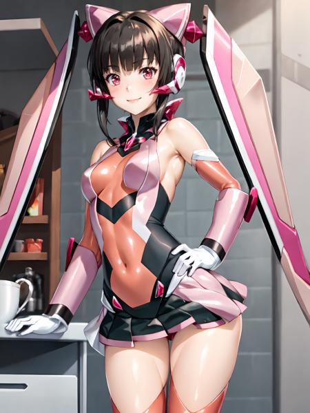 shirabesympho pink footwear,pink leotard, pink gloves, headgear, pink skirt, detached sleeves,pleated skirt,pink thighhighs,bare shoulders,(twintails:1.3),elbow gloves, bangs, pink eyes, gloves, black hair, blunt bangs, thighhigs, smile,long hair,armor,