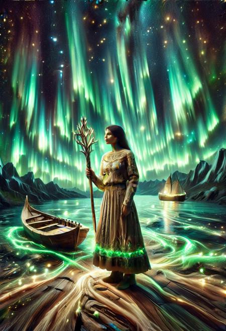 hardwood - SDXL, morph-aurora, imagine, realistic, surreal atmosphere in a other space exterior with stars and unknown planets, 1girl , alien with light bronze wood  skin with veins of bright greengold,  anthro wolfgirl,   beige celtic sweater with flared skirt, fitted knit,celtic pattern, boat neckline, , holding a wooden spear, starry night, aurora light ght,