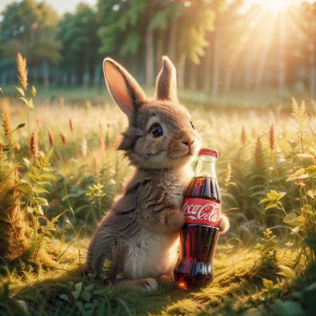 kekokelev2,a rabbit holding a coca cola bottle in its paws in a field of grass and weeds with the sun shining behind it,no humans,bottle,blurry,animal,animal focus,rabbit,outdoors,grass,blurry background,coca-cola,plant,realistic,mushroom,whiskers,
Best quality,masterpiece,ultra high res,<lora:20231217-1702820058385-0020:0.7>,