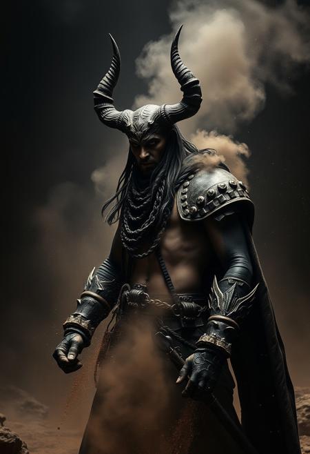 Medium shot of Hades at the underworld, the ancient greek god, horned, black skin and grunge dark clothes, black scale armour, wind, dust, ashes, Nicholas Alan Cope, Mythological High-Fantasy Realism, abstract, Surrealistic, Hans Hartung, dust