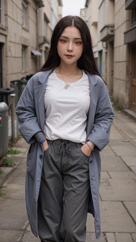 yujikoi, a woman walking, outdoors, city, road, street, modern clothes, simple T-shirt, coat, pants, ((extremely detailed face)),