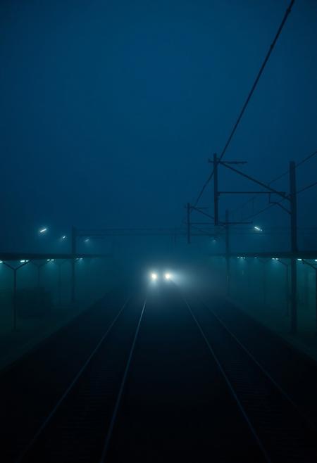 "A still, hauntingly beautiful evening train station, bathed in deep blue hues and thick, slow-moving fog. The camera lingers motionless above the tracks, capturing the eerie stillness—only the faint glow of distant station lights piercing the mist. Suddenly, a slow, ghostly movement: a single train arrives silently, its headlights cutting through the fog like dim searchlights. The air shimmers with floating particles, and the scene feels frozen in time, yet alive with tension. No people, no loud sounds—just the quiet hum of machinery and the occasional creak of metal. Cinematic, 4K, 35mm film grain, muted colors, surreal and dreamlike."