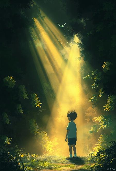 Vertical 9:16 cinematic anime scene, dramatic view from inside a dark forest, sunbeams breaking through dense mist, anime boy looking upward at a distant bird flying through glowing light, strong detailed textures, emotional awe and mystery, pastel and vibrant greens and golds.