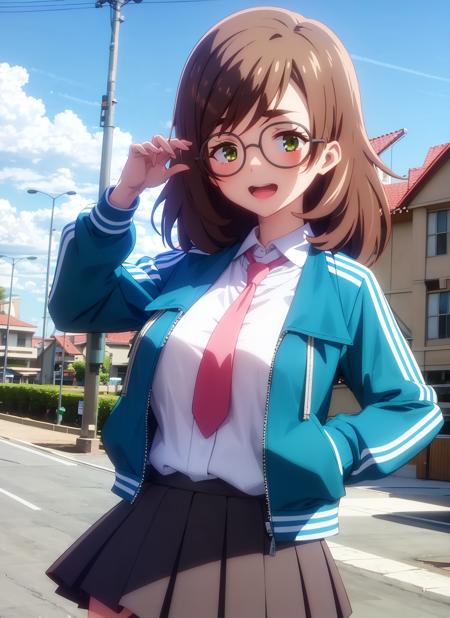 masterpiece, best quality, ultra-detailed, illustration, <lora:yuzurihaMaimaiZombie_v10:0.9>, 1girl, solo, yuzuriha_maimai, thick eyebrows, brown hair, green eyes, medium hair, glasses, round eyewear, track jacket, green jacket, open jacket, white shirt, collared shirt, shirt tucked in, pink necktie, pleated skirt, black skirt, outdoors, naughty face, anime screencap