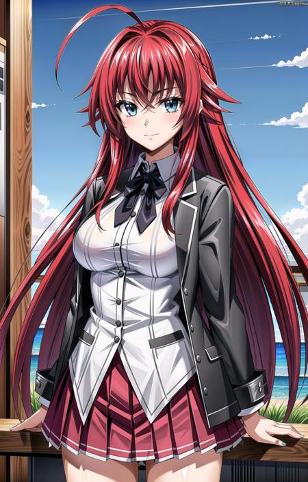 (masterpiece, top quality, best quality, official art, beautiful and aesthetic:1.2),(8k, best quality, masterpiece:1.2), 1girl, mature girl, solo, Rias_Gremory, Rias, (looking at viewer, cowboy shot, standing:1), (crimson red hair, red hair, red colored hair, flowing hair, red long hair, long ahoge:1.2), (blue eyes, light blue shining eyes:1.3), [smile, closed mouth:1.2], [large breasts, sexy:1], (Rias School, school uniform, red pleated skirt, white shirt, black jacket:1.15), <lora:more_details:.4>, <lora:RiasLora:.7>