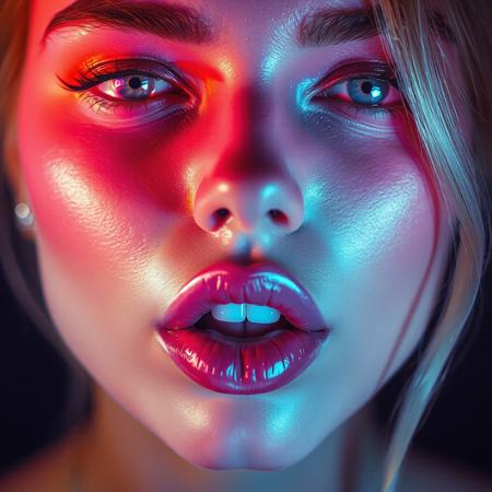 a 4k highly detailed image a stunningly gorgeous  ((PARTIALLY BITE THE LIPS))super model with eyes that reflect a surreal space image, a color gradient light baths her,
