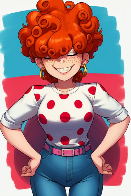 LeeK,curly orange hair,freckles,hair over both eyes:1.2,standing,cowboy shot,smug expression,solo,(covered eyes,) hands on hips,
LeeATT,denim pants,white shoes,earrings,red  polka dot shirt,belt,white shirt,
picket fence,morning,
(insanely detailed, beautiful detailed face, masterpiece, detailed eyes, best quality)     <lora:LeeKanker:0.8>,