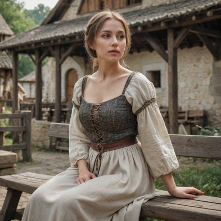 centered, wide shot photo, from below, beautiful woman peasant, perfect breasts, round breasts, medieval tunic, on bench, fantasy village