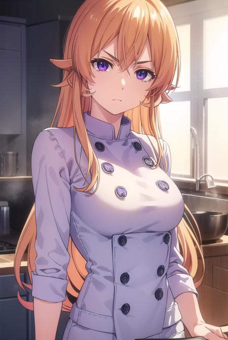 erinanakiri, <lora:erina nakiri s1-lora-nochekaiser:1>,
erina nakiri, long hair, orange hair, (purple eyes:1.1), hair between eyes, frown, angry,
BREAK pants, white pants, chef, long sleeves, sleeves rolled up,
BREAK indoors, kitchen,
BREAK looking at viewer, (cowboy shot:1.5),
BREAK <lyco:GoodHands-beta2:1>, (masterpiece:1.2), best quality, high resolution, unity 8k wallpaper, (illustration:0.8), (beautiful detailed eyes:1.6), extremely detailed face, perfect lighting, extremely detailed CG, (perfect hands, perfect anatomy),