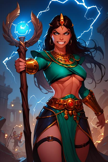 src, long hair, tiara, necklace, crop top, hoop earrings, bracer, midriff, belt, skirt, thigh strap, boots magic, electricity, lightning, fire