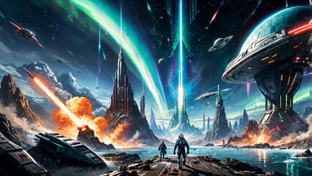 <(score_9,score_8_up,score_7_up,score_6_up,score_5_up,score_4_up):1.0>,
<(a futuristic space opera, featuring a group of rogue astronauts on the run from a dangerous space empire, the epic scene should be set on a mysterious planet, where the heroes must fight their way through an army of alien creatures to reach their stolen spacecraft, the style should be a fusion of retro-futurism and sci-fi anime, with a vibrant color palette inspired by the aurora borealis, the art should showcase futuristic technology and weapons, including a sleek spaceship, robotic companions, holographic interfaces, and an epic battle scene that includes laser beams and explosions):1.0>,
<(detailed matte painting, deep color, fantastical, intricate detail, splash screen, complementary colors, fantasy concept art, 8k resolution trending on Artstation Unreal Engine 5):0.9>,
<lora:add-detail-xl:1>,
<lora:xl_more_art-full_v1:1>