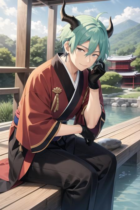 <lora:Tatsumi-04:0.7>, tatsumi kazehaya, solo, looking at viewer, smile, short hair, gloves, long sleeves, 1boy, hair between eyes, jewelry, sitting, blue hair, purple eyes, male focus, earrings, japanese clothes, horns, black gloves, pants, wide sleeves, kimono, water, sash, aqua hair, eyes visible through hair, tassel, hakama, head rest, rock, architecture, bridge, east asian architecture, pond, stone lantern