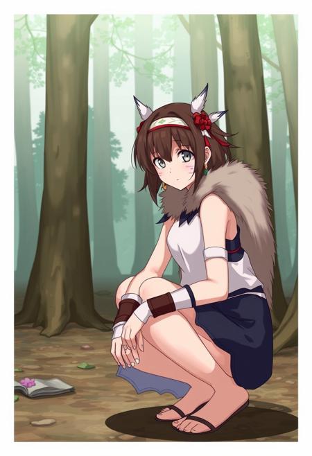 Princess Mononoke,  ,  ,  ,  San, 1girl, full body, squatting, solo, short hair, brown hair, gray eyes, headband, face paint, earrings, white sleeveless top, navy under dress, arm cuffs, fur headdress, fur cape,      , female focus, looking at viewer,  , forest,