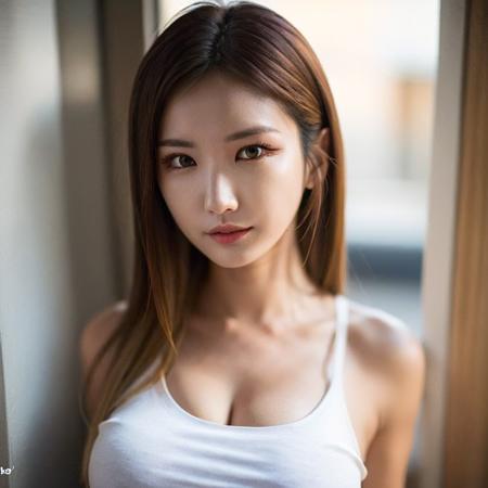 le, portrait, (((upper body:1.1))), beautiful hair, (looking at the viewer:1.2), wearing tanktop, cleavage, beautiful face, beautiful expression, realistic, detailed eyes, detailed iris, detailed face, (closed mouth:1.2), (medium breast:1.3), (photorealistic:1.3), <lora:sayhello0o-v1-exidle:0.85>