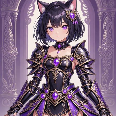 girl, petite, short black hair, (purple:0.7) eyes, cat ears, choker, intricately decorated elaborate armor,