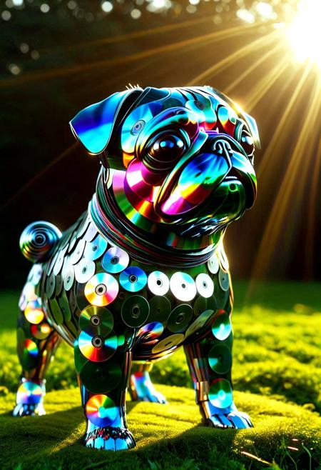 a pug dog made of cd's <lora:CDs_SDXL:1.2> <lora:Detail_Tweaker_XL:0.3>, standing or sitting, chrome and iridescent CD texture, photorealistic, surreal animal sculpture, soft lighting, outdoor setting, cinematic depth of field, ultra detailed, cute and shiny, 4k