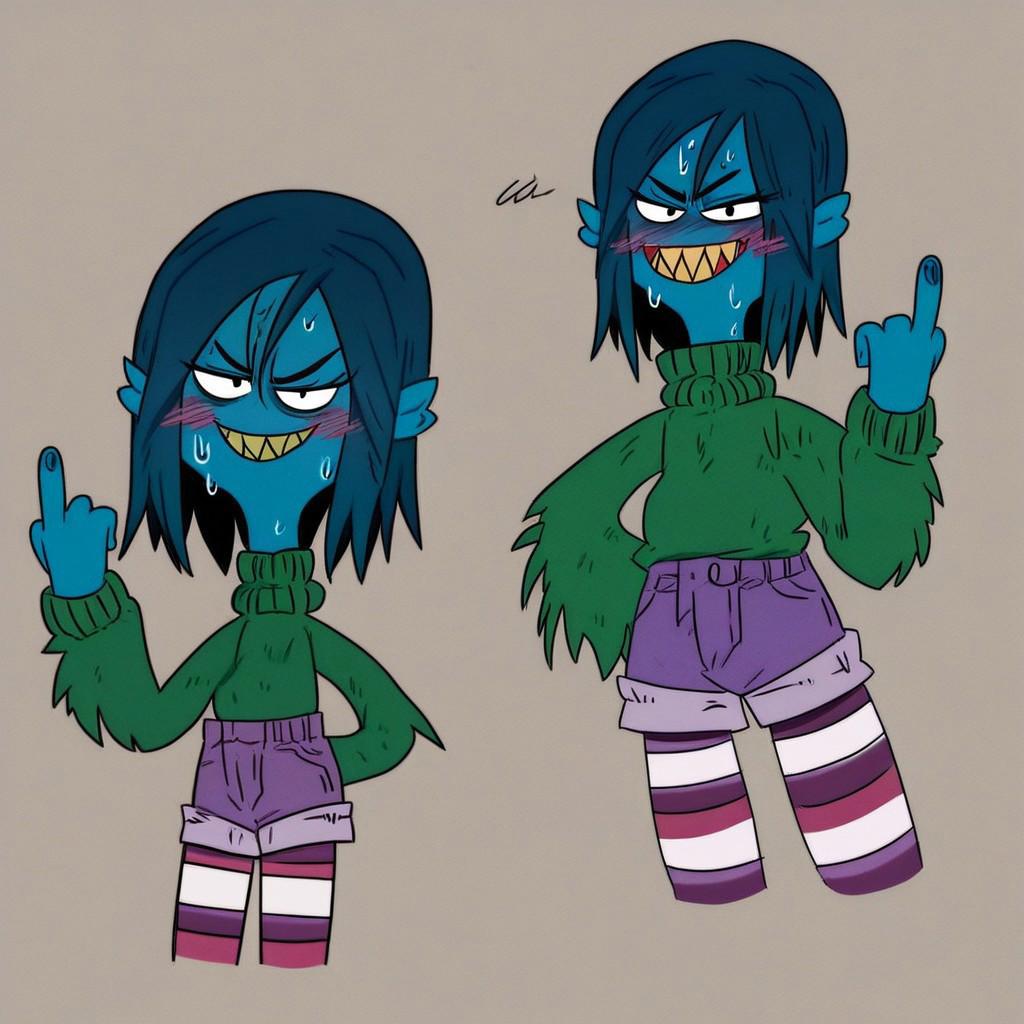 score_9, solo, Rgill, blue hair with purple highlight, dark blue skin, sweater, shorts, red striped pantyhose, edgy, sharp teeth, dark green jean jacket with turquoise fluff, sticking up middle finger, sweating, horny, blushing, nipples erect