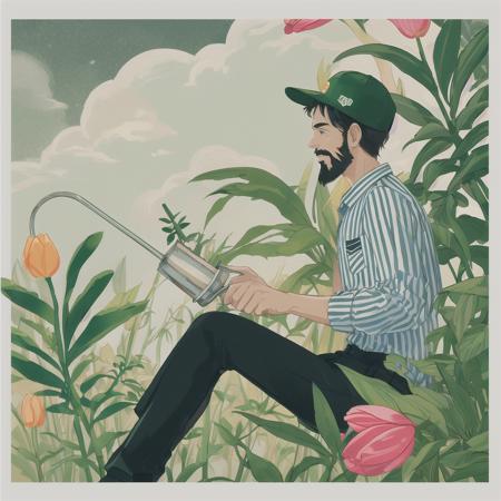 Slight retro color, flat, grainy, riso print style, illustration, cute, white space, low saturation, 1boy, bamboo, bare tree, baseball cap, beard, black pants, branch, cactus, cloud, collared shirt, facial hair, flower, flower pot, from side, grass, hat, ivy, leaf, lily \(flower\), long sleeves, male focus, medium hair, orange background, outdoors, palm leaf, palm tree, pants, plant, potted plant, profile, shirt, smile, solo, striped, striped shirt, tanabata, tanzaku, tree, tulip, vines, watering can, white border, white flower, white headwear, solo, short hair, shirt, black hair, long sleeves, 1boy, hat, sitting, male focus, striped, collared shirt, pants, profile, feet out of frame, facial hair, leaf, white headwear, plant, baseball cap, beard, pocket, striped shirt, breast pocket, orange shirt, green pants