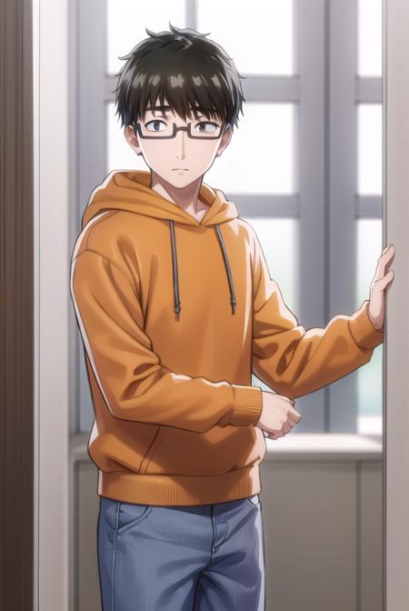 koikimomasuda, <lora:koikimo masuda s1-lora-nochekaiser:1>,
masuda, short hair, black hair, male focus, glasses, black-framed eyewear, (black eyes:1.5),
BREAK socks, pants, hood, hoodie, hood down, grey pants, grey socks, orange hoodie,
BREAK indoors,
BREAK looking at viewer, (cowboy shot:1.5),
BREAK <lyco:GoodHands-beta2:1>, (masterpiece:1.2), best quality, high resolution, unity 8k wallpaper, (illustration:0.8), (beautiful detailed eyes:1.6), extremely detailed face, perfect lighting, extremely detailed CG, (perfect hands, perfect anatomy),