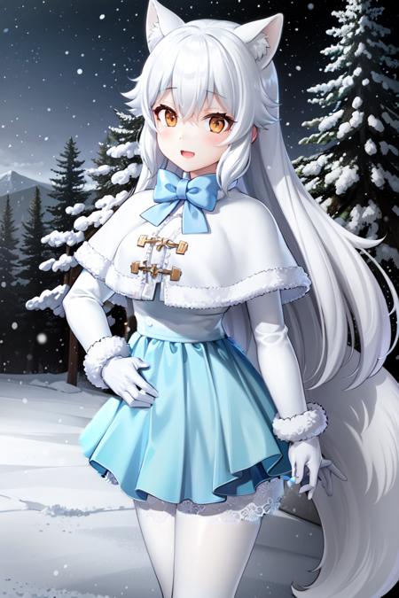 <lora:ArcticFoxKemonofriends_Hottkyokugitsune:0.7>,ARCTICFOX,
1girl,solo,masterpiece, best quality, high quality,delicate facial features,mishoujo,hyper_detail,game cg, finely detailed beautiful eyes and detailed face,lustrous skin,colorful
arctic_fox_(kemono_friends), white hair,long hair, animal ears,fox ears, fox tail, fox girl, long hair, hair between eyes, yellow eyes,
white coat, white shirt, (white pantyhose:1.1),  (blue bow:1.1), blue skirt,fur collar,fur trim, white capelet, white gloves, blue bowtie, miniskirt, (white_shoes:1.1), fur-trimmed sleeves, long sleeves, 
(looking at viewer:1.3), (cowboy shot:1.3),(standing:1.3),:3,blush,smile,open mouth, 
(field:1.2),mountain,(blue_sky:1.2),(cloud),tree,(snowing:1.3),(snowflakes:1.4), (snow:1.3)