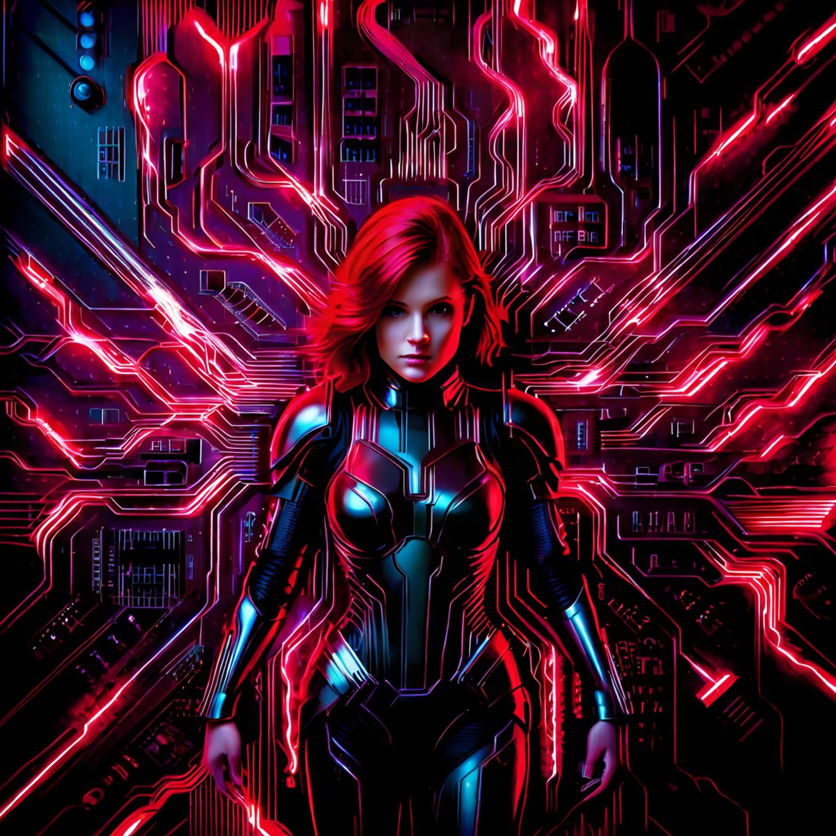 iccircuitart,electric dark red theme,masterpiece, best quality, 1girl, sci-fi armor with black and red colors, glowing ele...